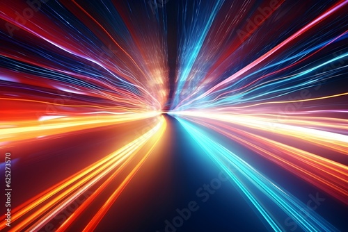 A photograph that visualizes high-speed internet with light trails in a tunnel-like setting, signifying connection, speed, and data transfer.