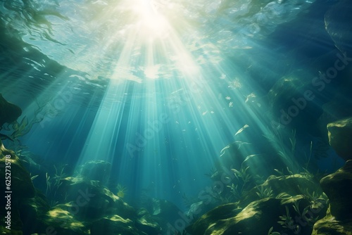 An underwater image showing the beauty of sunlight streaming through the water's surface, creating a calming and serene graphic resource. © Davivd