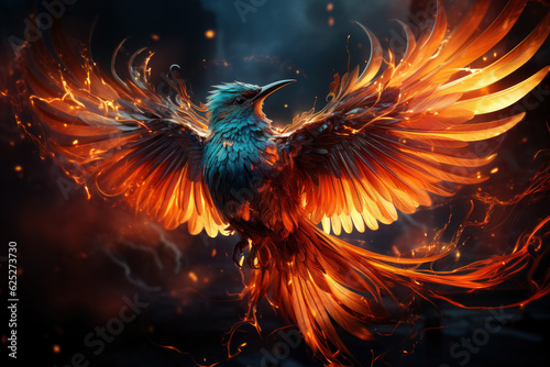 Flaming phoenix firebird with flames and sparks, mythical bird on a fiery background, AI Generated