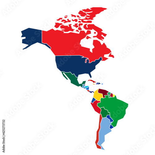 Map of the American Continent as Vector Graphic, North America, Central America, South America, Low-Poly Style, Countries in National Colours