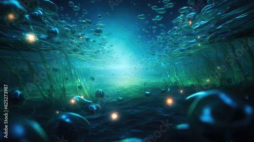 Terrain of bioluminescent plankton in the dark, providing a magical aquatic abstract scene. Generative AI
