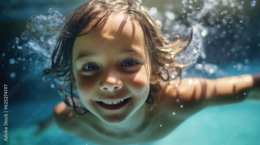 Happy kid have fun in swimming pool. swimming underwater. Funny child swim, dive in pool jump deep down underwater from poolside. Generative AI