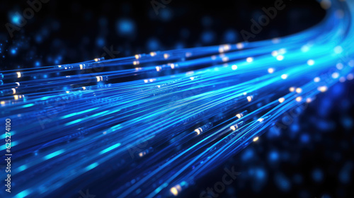 Glowing blue strands of fiber optic cables illustrating digital connectivity. Generative AI