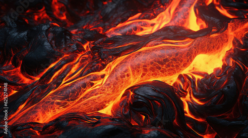 Flowing lava forming detailed motifs representing dynamic earth transformations. Generative AI
