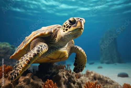 turtle swimming in ocean.