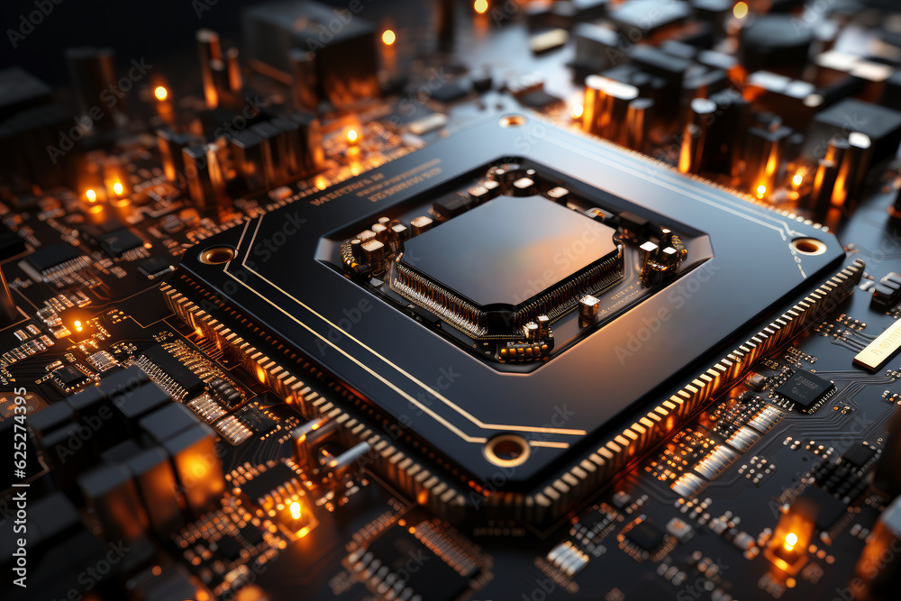 Futuristic future motherboard design with CPU socket, microchips, microprocessors, integrated circuits and connectors for connection, technology science background, AI Generated