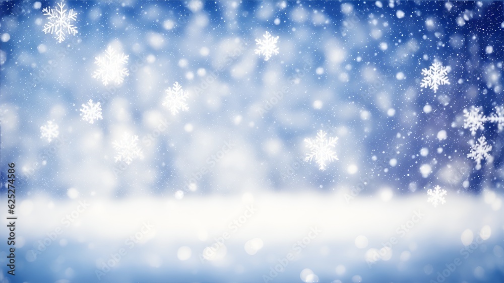 Picturesque winter background with snowflakes on a dark blue blurred background, AI generation