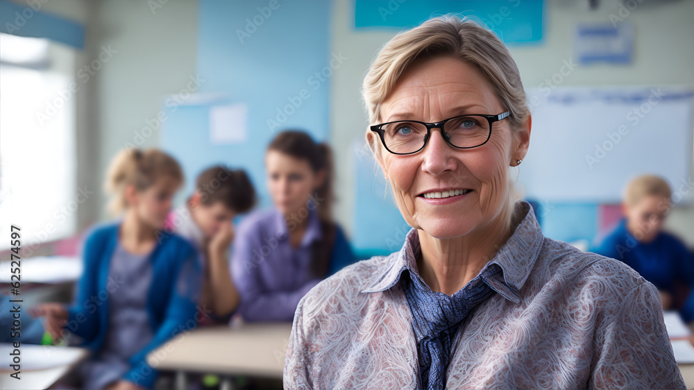 A smiling middle-aged teacher in a classroom among students, World Teachers' Day, AI generation A smiling middle-aged teacher in a classroom among students, World Teachers' Day, AI generation