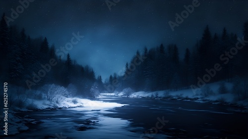 Winter landscape with a river in a valley in front of mountains and starry sky at night in winter, AI generation