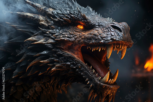 Ferocious fire-breathing dragon close-up, a scary mystical creature, AI Generated