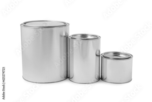 New metal paint cans on white background