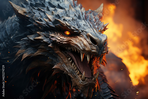 Ferocious fire-breathing dragon close-up, a scary mystical creature, AI Generated
