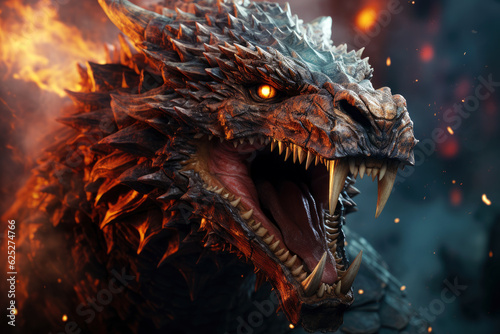 Ferocious fire-breathing dragon close-up, a scary mystical creature, AI Generated
