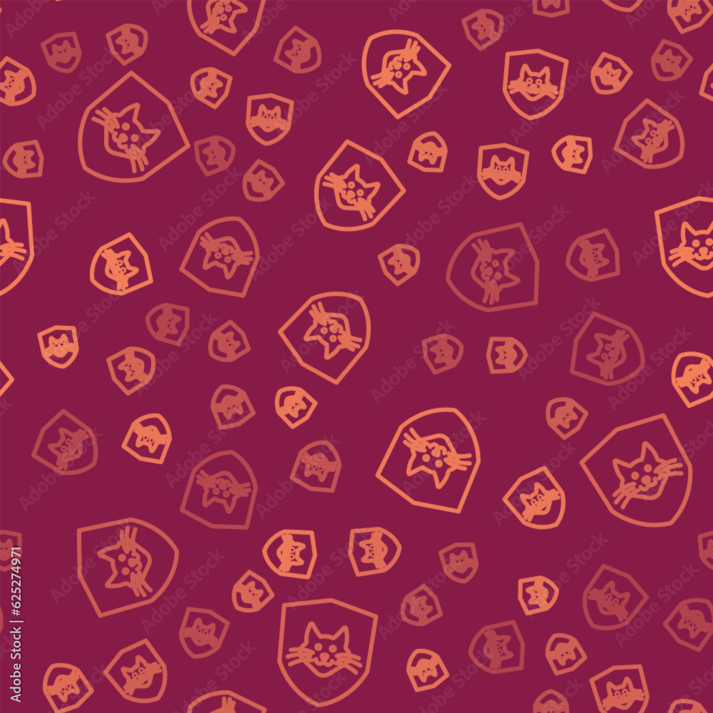 Brown line Animal health insurance icon isolated seamless pattern on red background. Pet protection concept. Dog or cat paw print. Vector