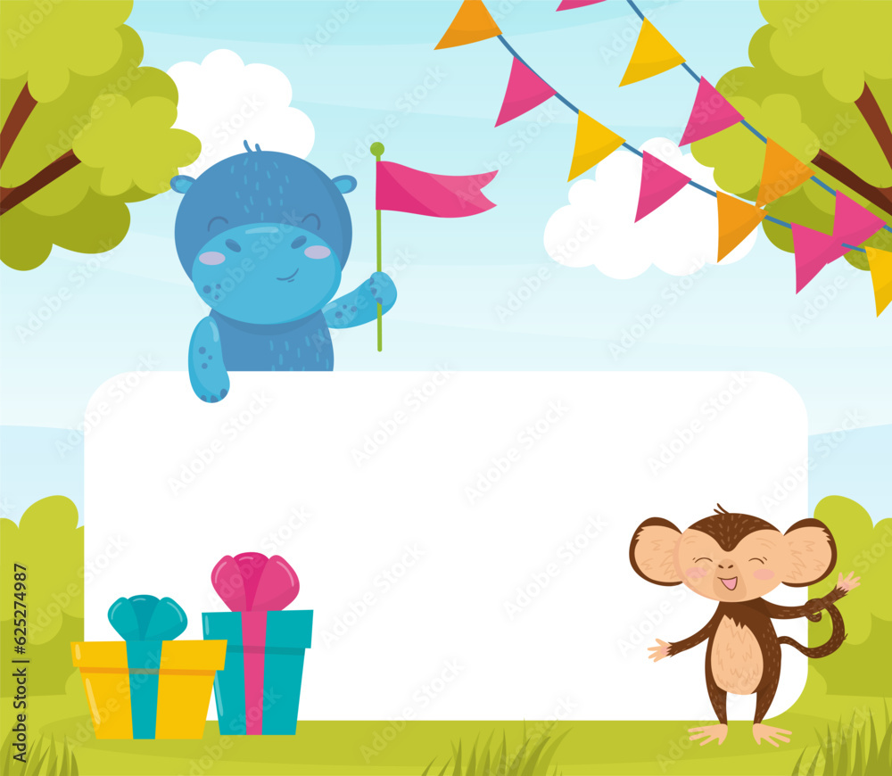 Fototapeta premium Funny Hippo and Monkey at Empty Greeting or Invitation Card Vector Template