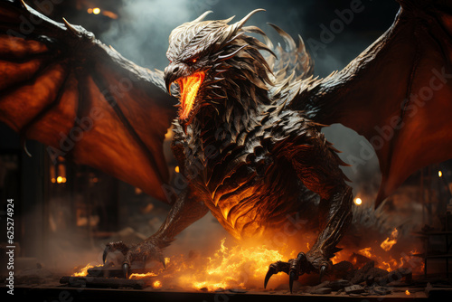 Ferocious fire-breathing dragon with big wings, claws and fangs, a scary mystical creature, AI Generated