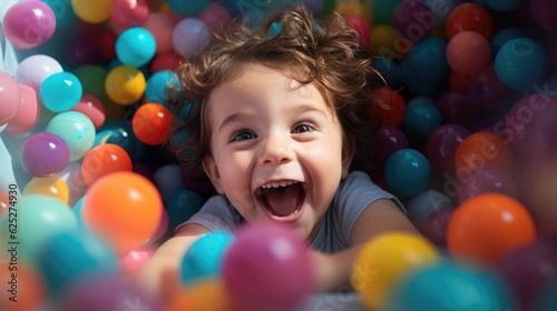 Cute and smiling child has fun and jumps into the tub full of colorful balls. Happy and smiling. Generative AI