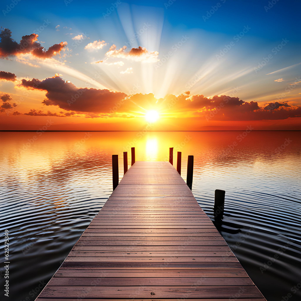 Wooden dock in lake water with morning sunrise sky