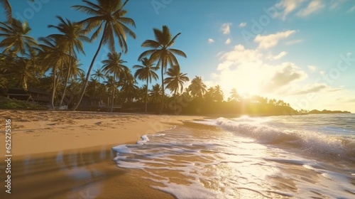 Tranquil beach with palm trees in the morning, Generative AI.