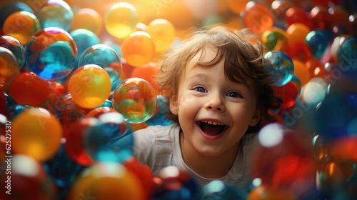 Cute and smiling child has fun and jumps into the tub full of colorful balls. Happy and smiling. Generative AI