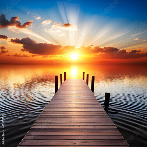 Wooden dock in lake water with morning sunrise sky © driftwood