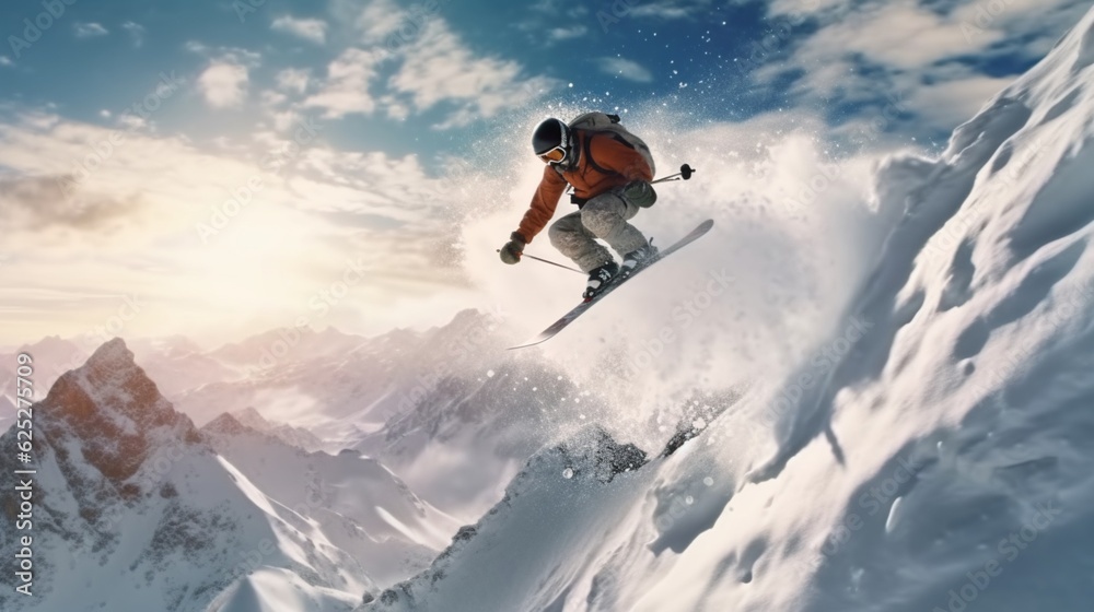 Extreme winter sports atop a mountain, Generative AI.