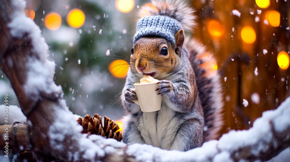 A cheerful cute squirrel in a knitted hat drinks cocoa from a cup against the background of a winter forest with fir trees, snow and colorful lights. Postcard for the New Year holidays.Generative AI A cheerful cute squirrel in a knitted hat drinks cocoa from a cup against the background of a winter forest with fir trees, snow and colorful lights. Postcard for the New Year holidays.Generative AI