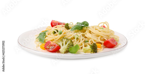 Plate of delicious pasta primavera with tomatoes, basil and broccoli isolated on white