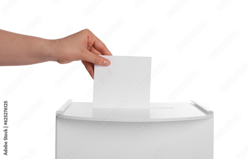 Woman putting her vote into ballot box on white background, closeup Woman putting her vote into ballot box on white background, closeup