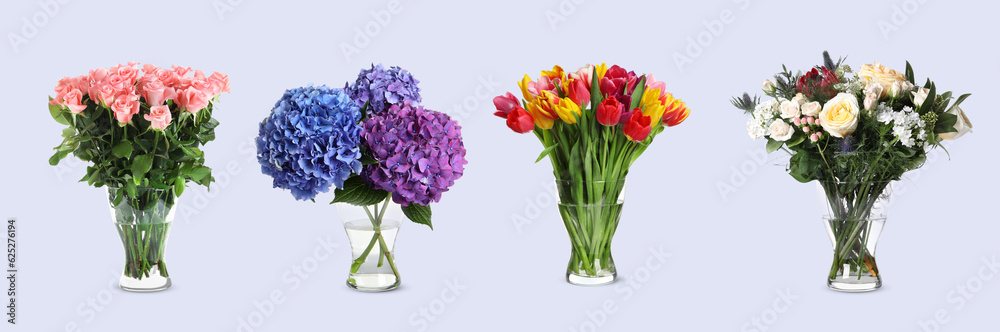 Collage of stylish vase with different bouquets on light grey background. Banner design