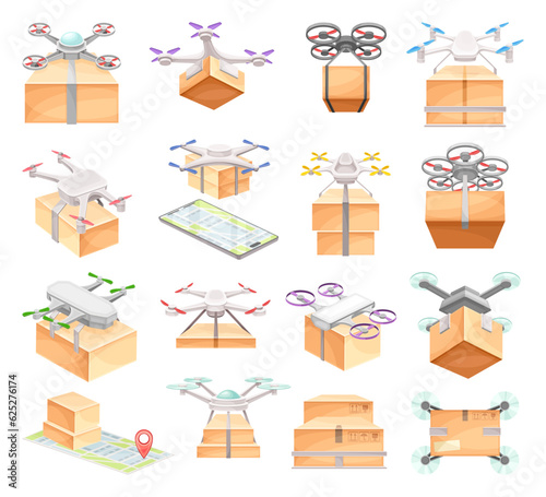 Drone Carrying Cardboard Parcel Box to Point of Destination Big Vector Set