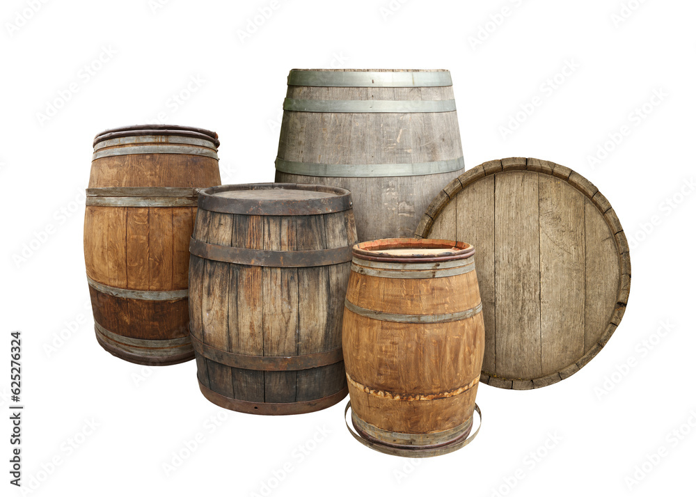 Many different wooden barrels on white background Many different wooden barrels on white background