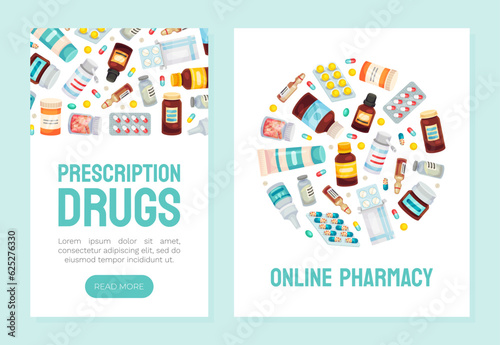 Drug and Medicine Banner Design with Pill and Tablets Vector Template