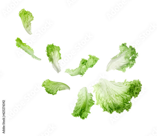 Fresh green lettuce leaves flying on white background