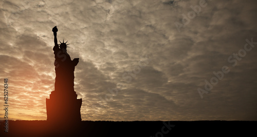 Statue of Liberty on background of sunset sky. Greeting card for Independence Day. USA celebration.