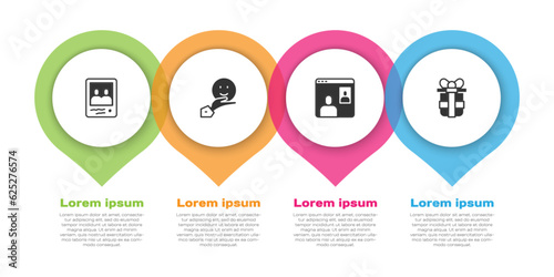 Set Family photo, Happy friendship day, Video chat conference and Gift box. Business infographic template. Vector