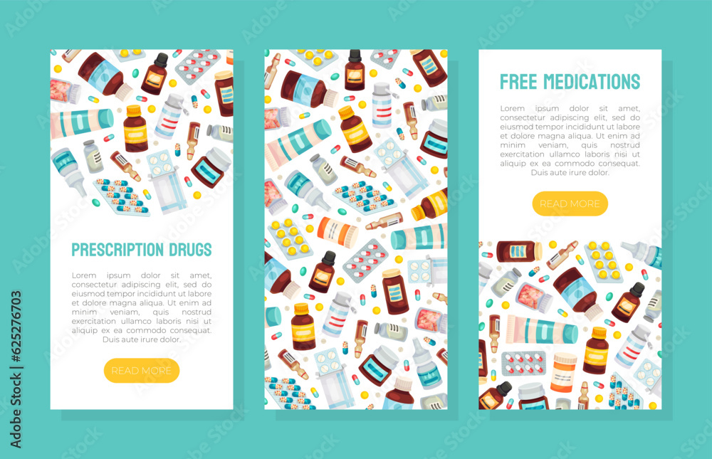 Obraz premium Drug and Medicine Banner Design with Pill and Tablets Vector Template
