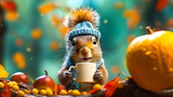 A cute squirrel in a knitted hat drinks tea from a cup against the backdrop of an autumn forest.Beautiful card for Thanksgiving.Generative AI