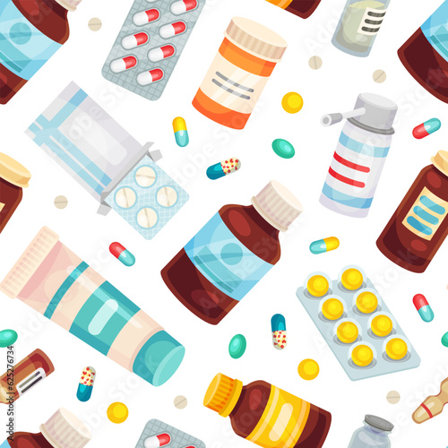 Drug and Medicine Seamless Pattern Design with Pill and Tablets Vector Template