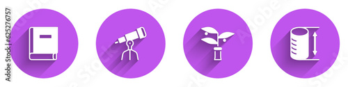 Set Science book, Telescope, Plant breeding and Height geometrical figure icon with long shadow. Vector