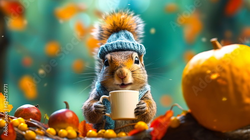 A cute squirrel in a knitted hat drinks tea from a cup against the backdrop of an autumn forest.Beautiful card for Thanksgiving.Generative AI