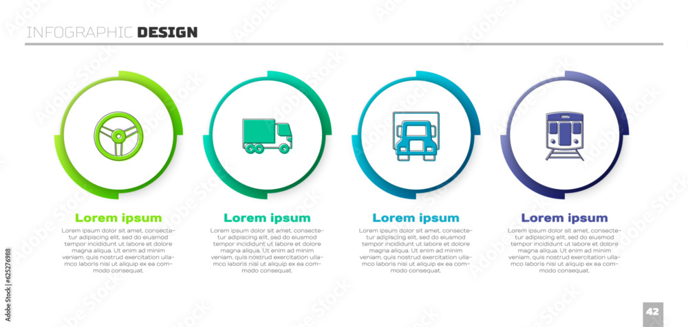 Set Steering wheel, Delivery cargo truck, and Train and railway. Business infographic template. Vector