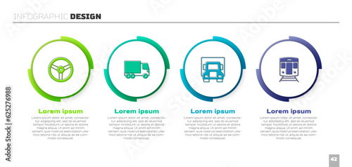 Set Steering wheel, Delivery cargo truck, and Train and railway. Business infographic template. Vector
