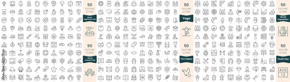 300 thin line icons bundle. In this set include world oceans day, world population, world vegetarian day, yoga, yom kippur, youth day - obrazy, fototapety, plakaty 