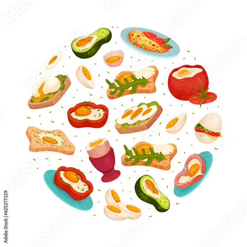 Fototapeta Naklejka Na Ścianę i Meble -  Tasty Egg Food Round Composition Design with Cooked Meal Vector Template