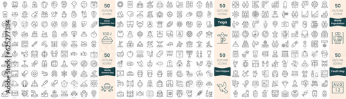 300 thin line icons bundle. In this set include world oceans day, world population, world vegetarian day, yoga, yom kippur, youth day