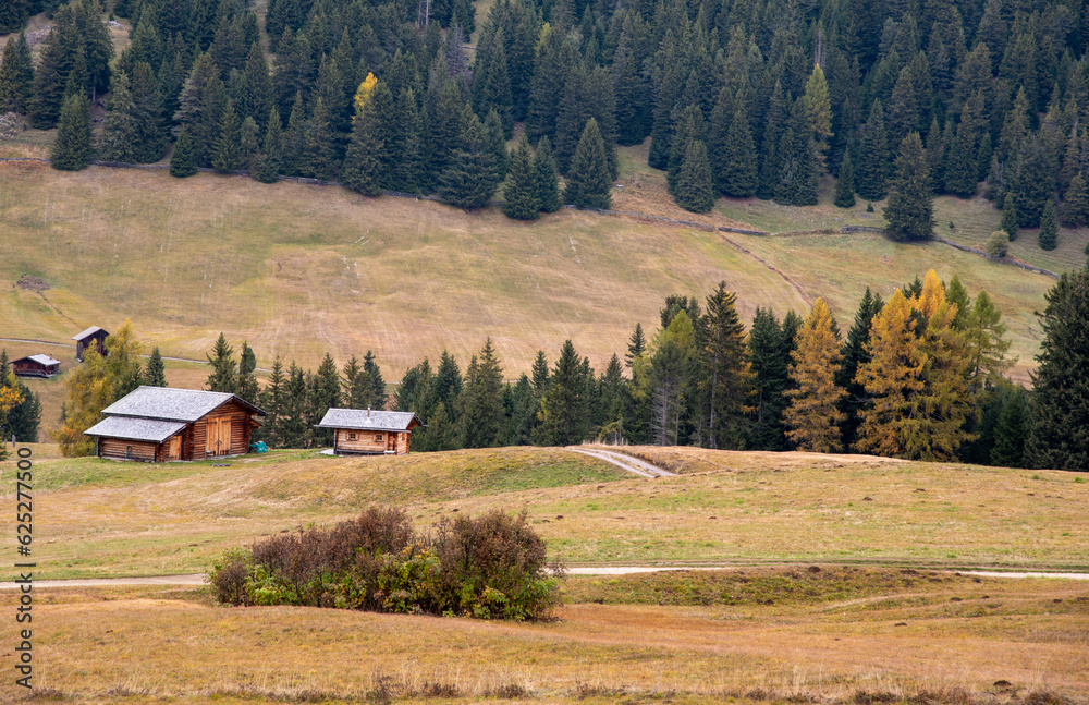 Wooden travel cabin  tourist houses outdoor in the hill. Alpe di siusi Seiser alm Italy