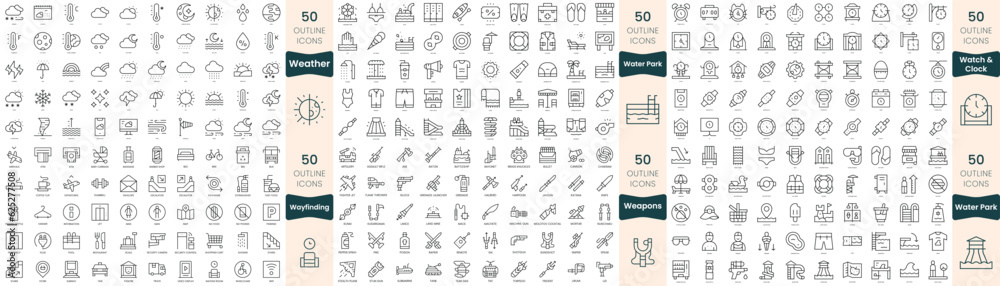 300 thin line icons bundle. In this set include watch and clock, water park, wayfinding, weapons, weather - obrazy, fototapety, plakaty 