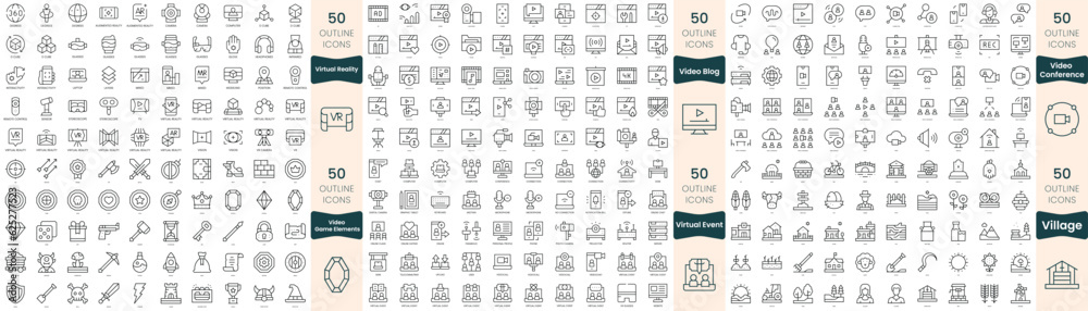 300 thin line icons bundle. In this set include video blog, video conference, video game elements, village, virtual event, virtual reality 300 thin line icons bundle. In this set include video blog, video conference, video game elements, village, virtual event, virtual reality