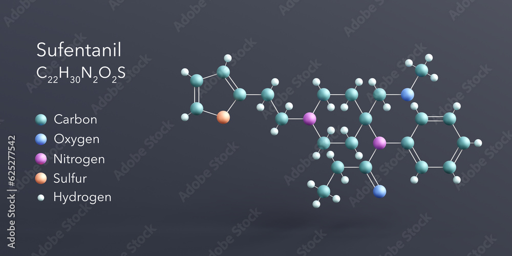 Fototapeta premium sufentanil molecule 3d rendering, flat molecular structure with chemical formula and atoms color coding